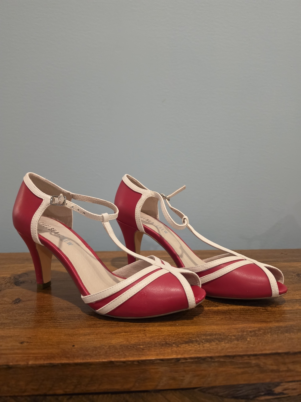 chelsea crew Red and Cream T-Strap Peep-Toe Heels